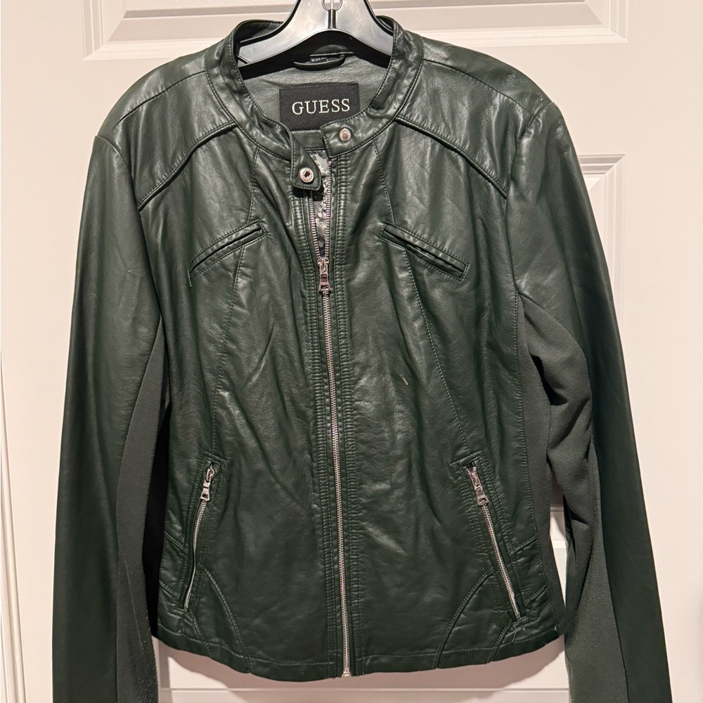 GUESS Women's Green Faux Leather Moto Jacket